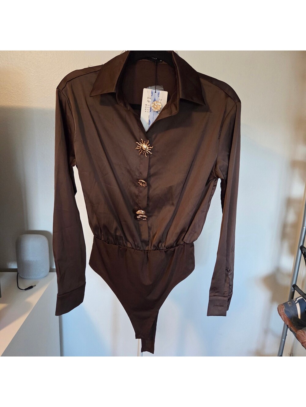 Cider Brown Long Sleeve Button-Up Bodysuit with Gold Buttons